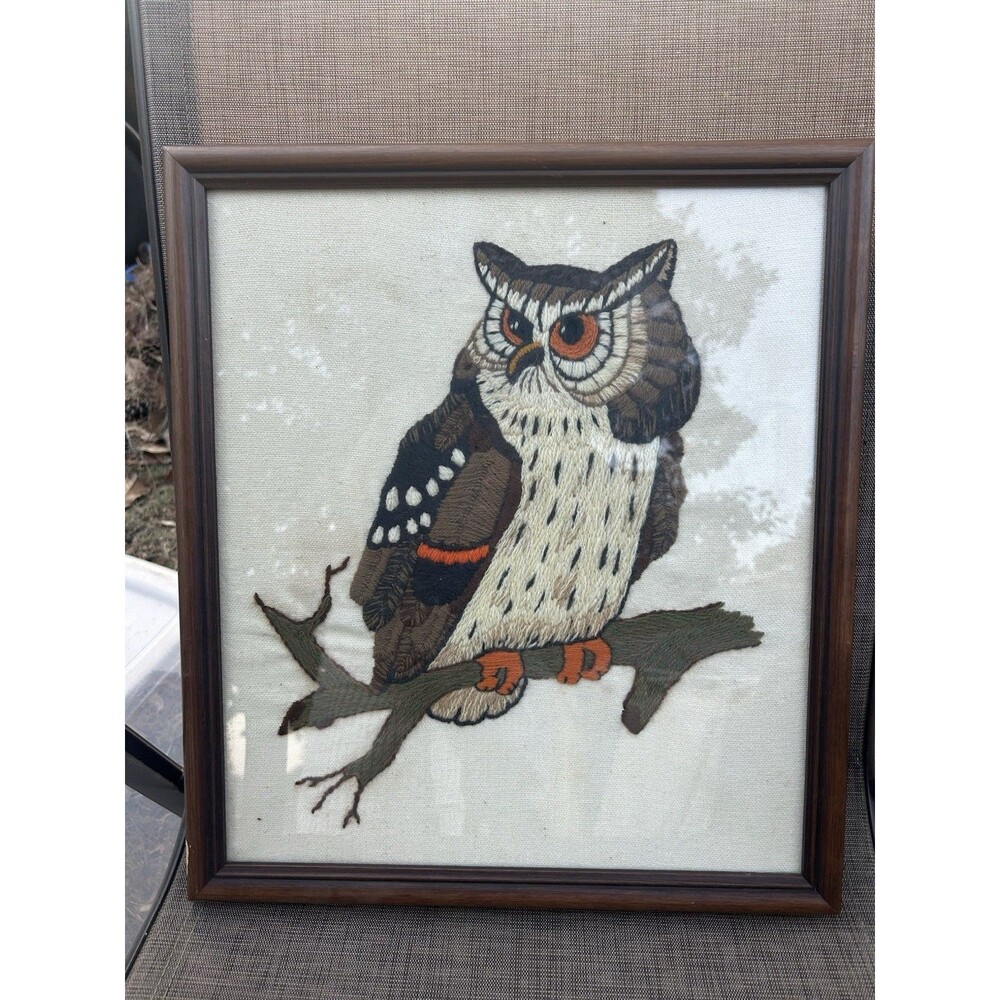 Vintage 1970s Embroidered Owl Picture Matted and Framed 17" X 15” Brown